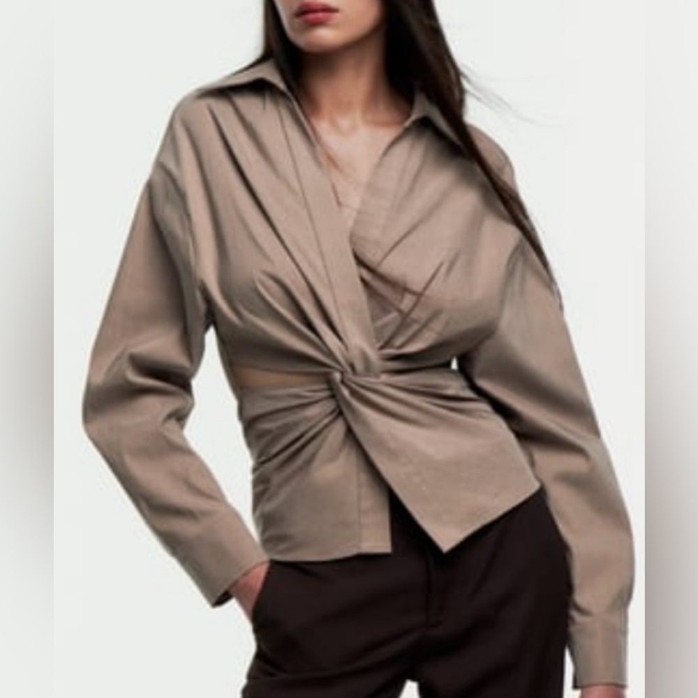 Zara Brown Long Sleeve Cutout Shirt with Tie Front